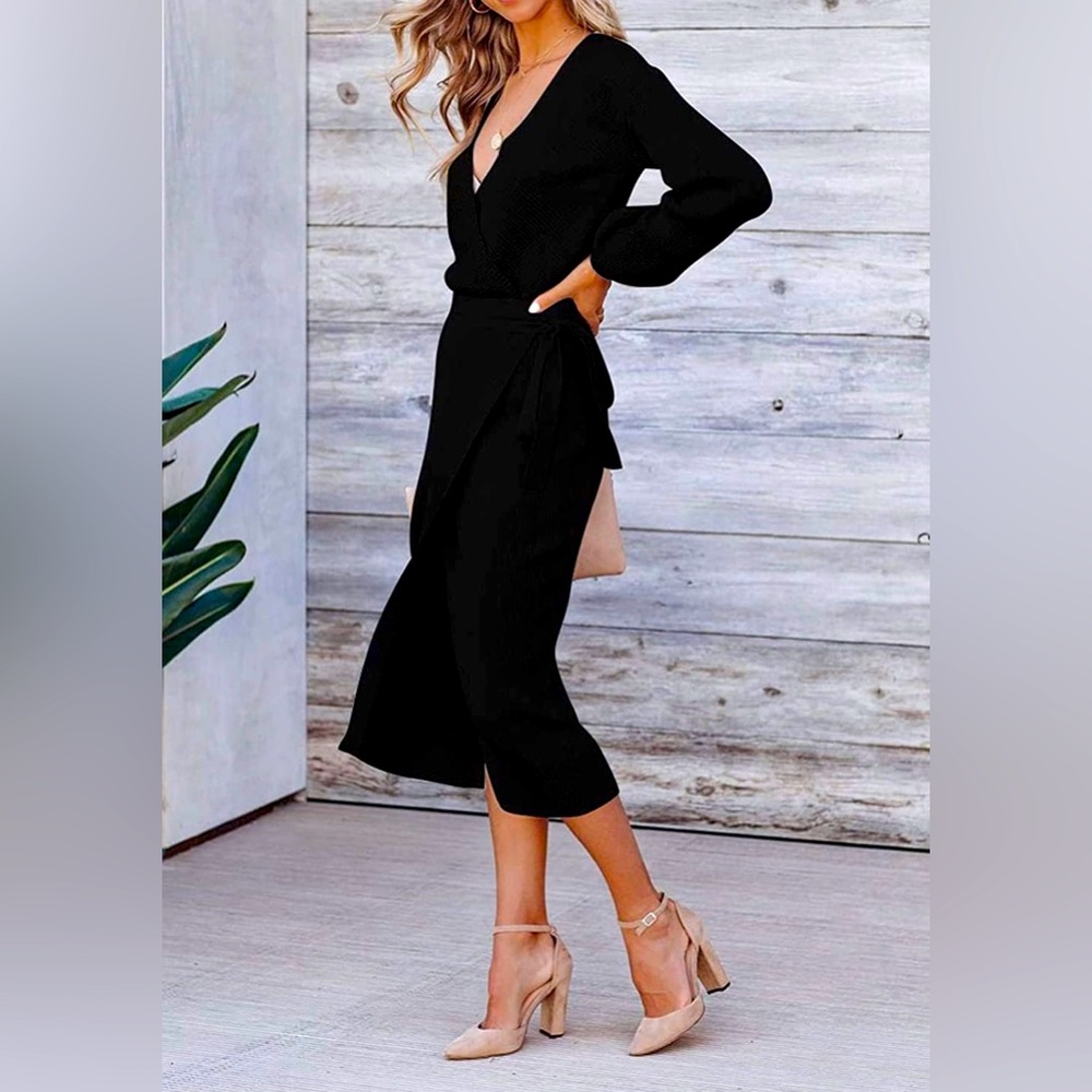 172-Black Ribbed Knit Wrap Dress